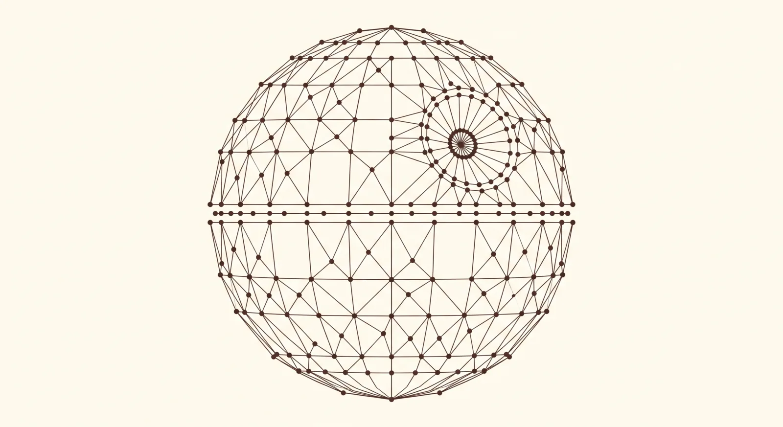 Death Star hovering over a slice of toast, drawn as a cream-background node mesh